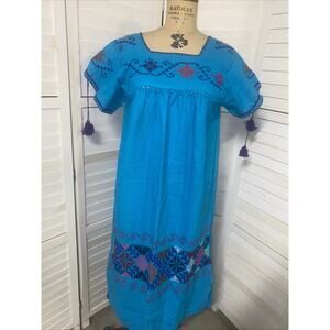 Vintage 70s Handmade Mexican Oaxocan Fesitval Dress Boho Cross-Stitch Sz Med